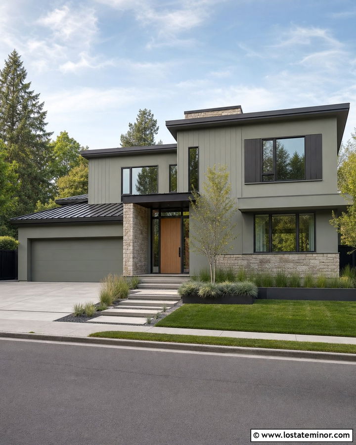 Sage Green Modern House With Slim Shutters - 30 Sage Green House Design With Shutters Ideas