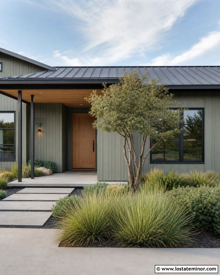 Sage Green Modern House With Steel Porch Columns - 30 Sage Green House Design With Porch Columns Ideas
