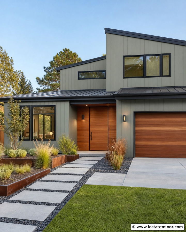 Sage Green Modern Siding With Wood Panels - 30 Sage Green House Design With Siding Ideas