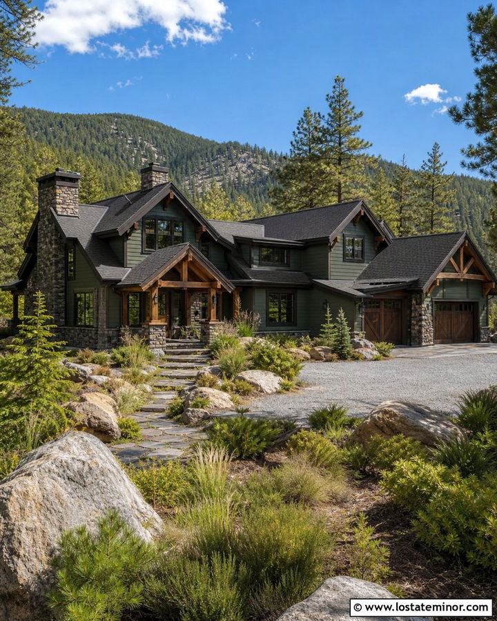 Sage Green Mountain House With Boulders And Conifers - 30 Sage Green House Design With Landscaping Ideas