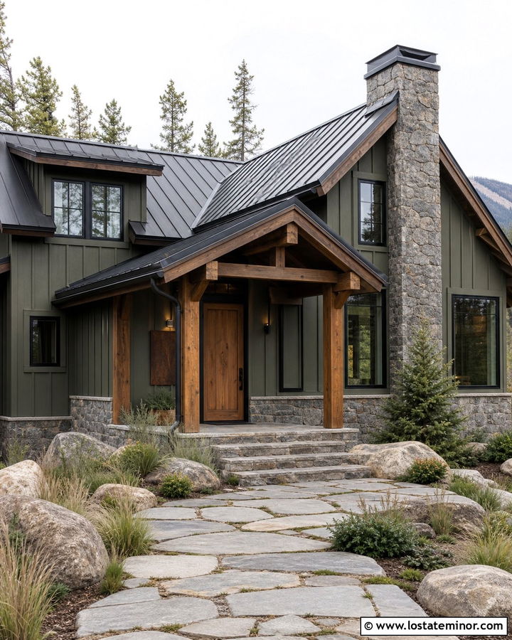 Sage Green Mountain House With Corten Steel Numbers - 30 Sage Green House Design With House Numbers Ideas