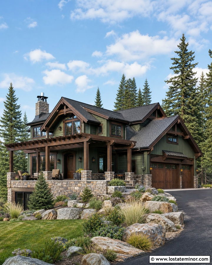 Sage Green Mountain House With Heavy Timber Pergola - 30 Sage Green House Design With Pergola Ideas
