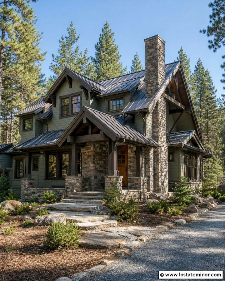 Sage Green Mountain House With Stone Base - 30 Sage Green House Design With Stone Accents Ideas