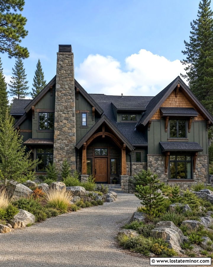 Sage Green Mountain House With Stone Chimney - 30 Sage Green House Design With Chimney Ideas