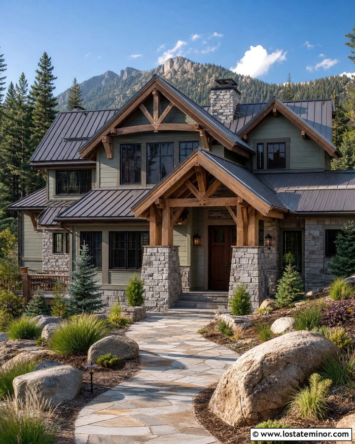 Sage Green Mountain House With Stone Front Porch - 30 Sage Green House Design With Front Porch Ideas