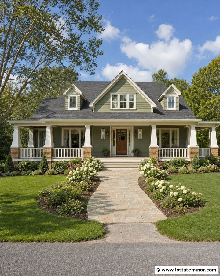Sage Green Porch House With Shingle Columns - 30 Sage Green House Design With Shingles Ideas