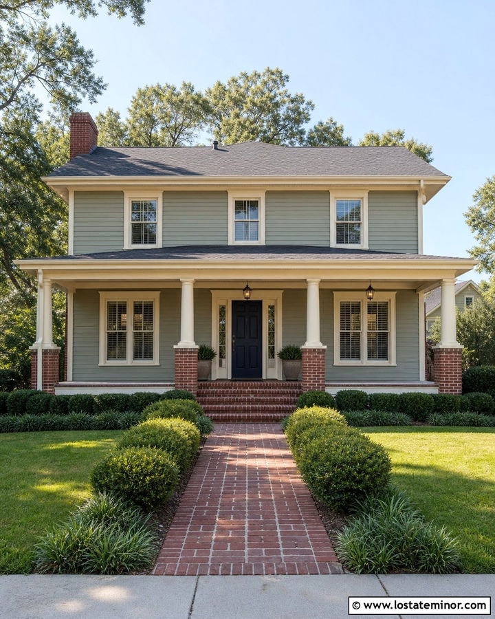 Sage Green Porch With Brick Base Columns - 30 Sage Green House Design With Porch Columns Ideas
