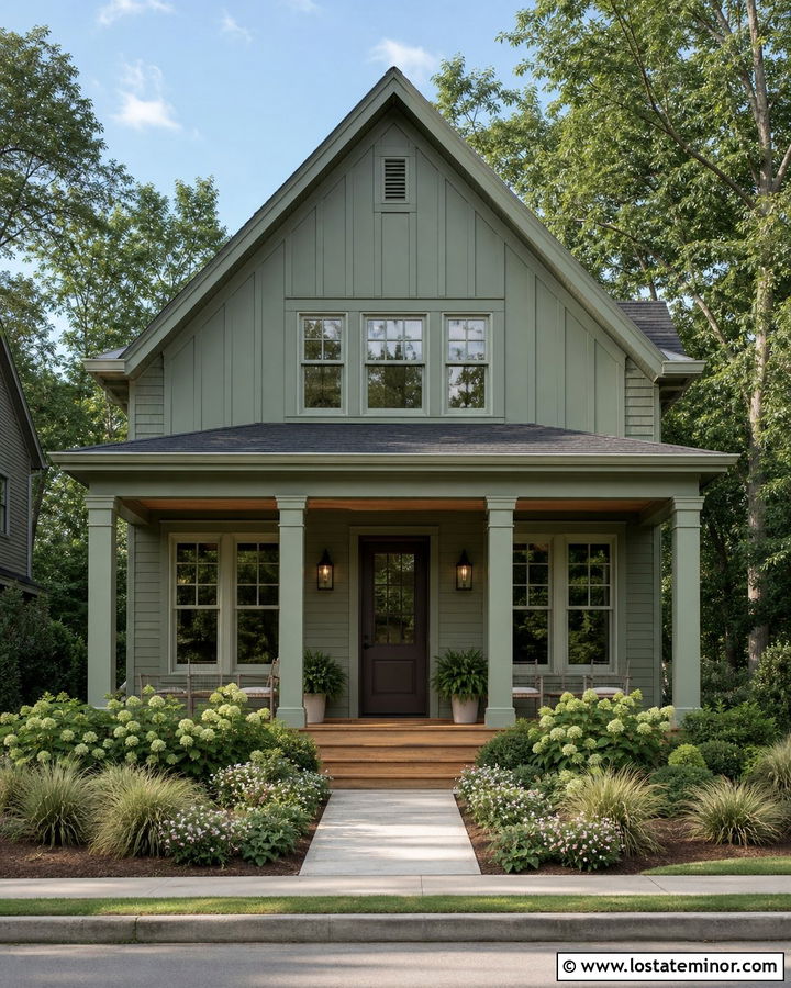 Sage Green Porch With Matching Green Columns - 30 Sage Green House Design With Porch Columns Ideas