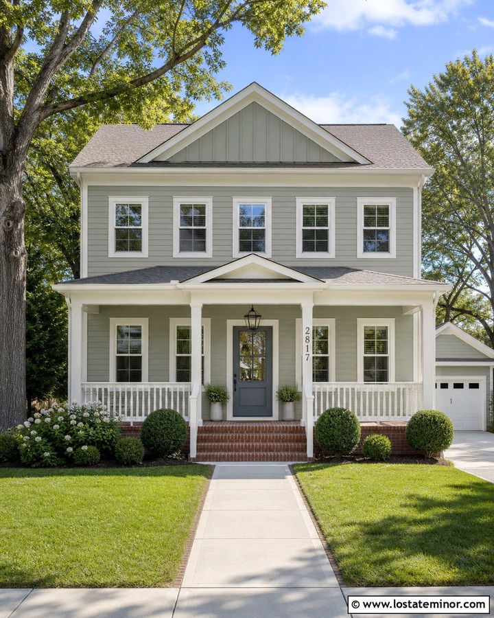 Sage Green Porch With White Column Numbers - 30 Sage Green House Design With House Numbers Ideas