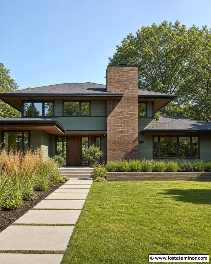Sage Green Prairie House With Horizontal Chimney - 30 Sage Green House Design With Chimney Ideas