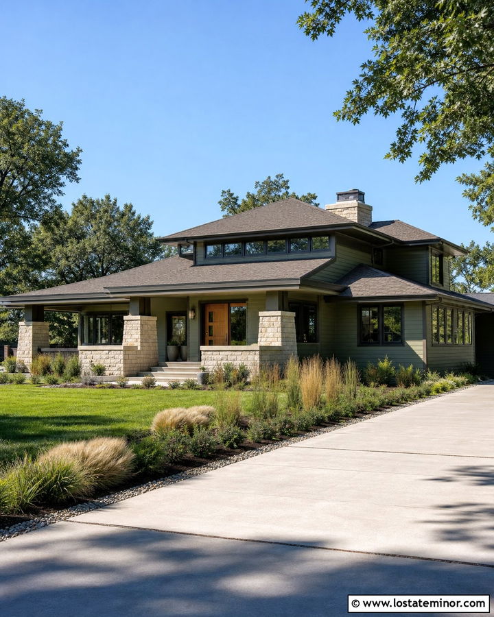 Sage Green Prairie House With Low Profile Shingles - 30 Sage Green House Design With Shingles Ideas