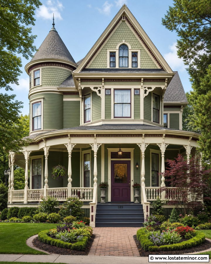 Sage Green Queen Anne House With Wraparound Porch - 30 Sage Green House Design With Front Porch Ideas
