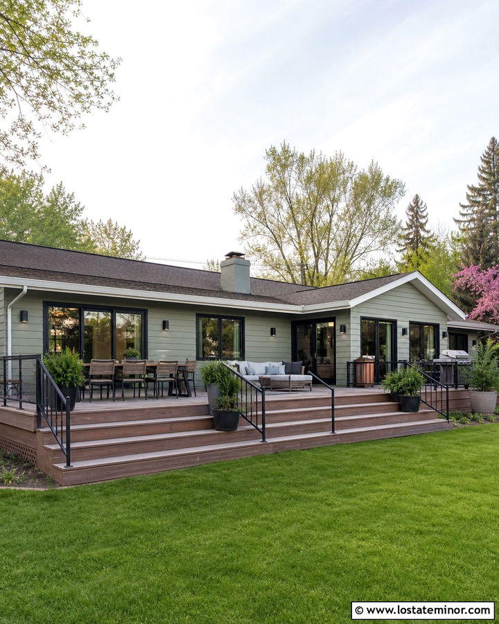 Sage Green Ranch House With Composite Deck - 30 Sage Green House Design With Backyard Ideas