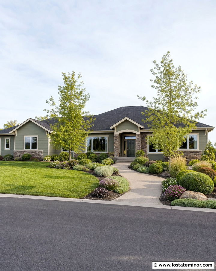 Sage Green Ranch House With Curved Garden Beds - 30 Sage Green House Design With Landscaping Ideas