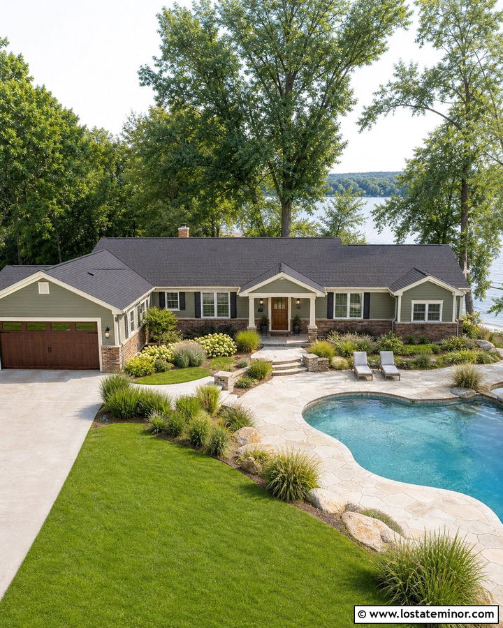 Sage Green Ranch House With Freeform Pool - 30 Sage Green House Design With Swimming Pool Ideas