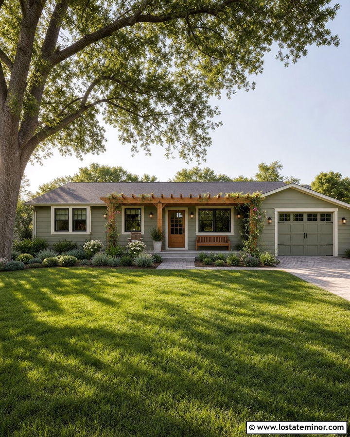 Sage Green Ranch House With Pergola Front Porch - 30 Sage Green House Design With Front Porch Ideas