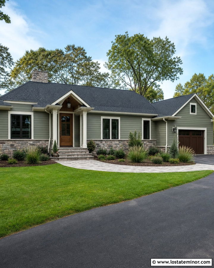 Sage Green Ranch House With Stone Foundation - 30 Sage Green House Design With Stone Accents Ideas