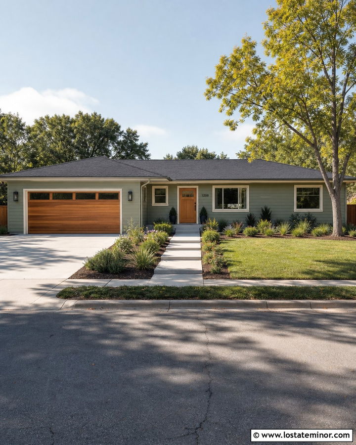 Sage Green Ranch House With Wood Garage Door - 30 Sage Green House Design With Accents Ideas