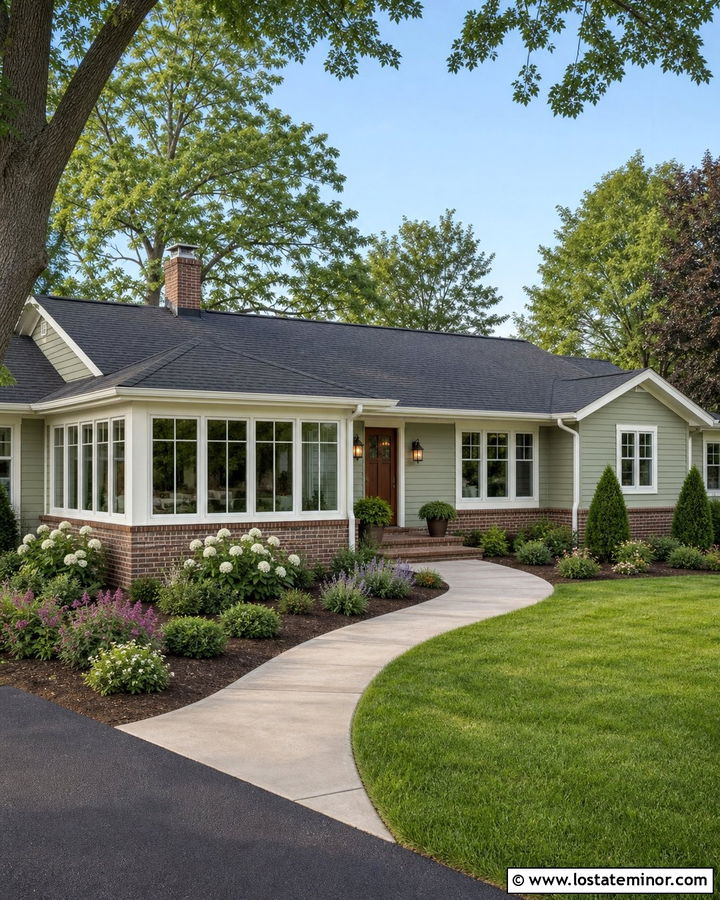 Sage Green Ranch With Brick Sunroom - 30 Sage Green House Design With Sunroom Ideas