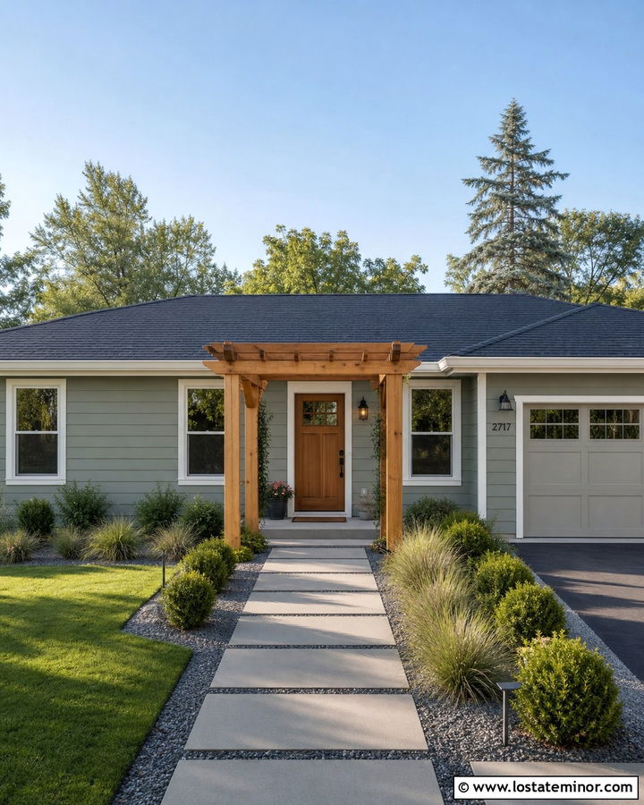 Sage Green Ranch With Front Entry Pergola - 30 Sage Green House Design With Pergola Ideas