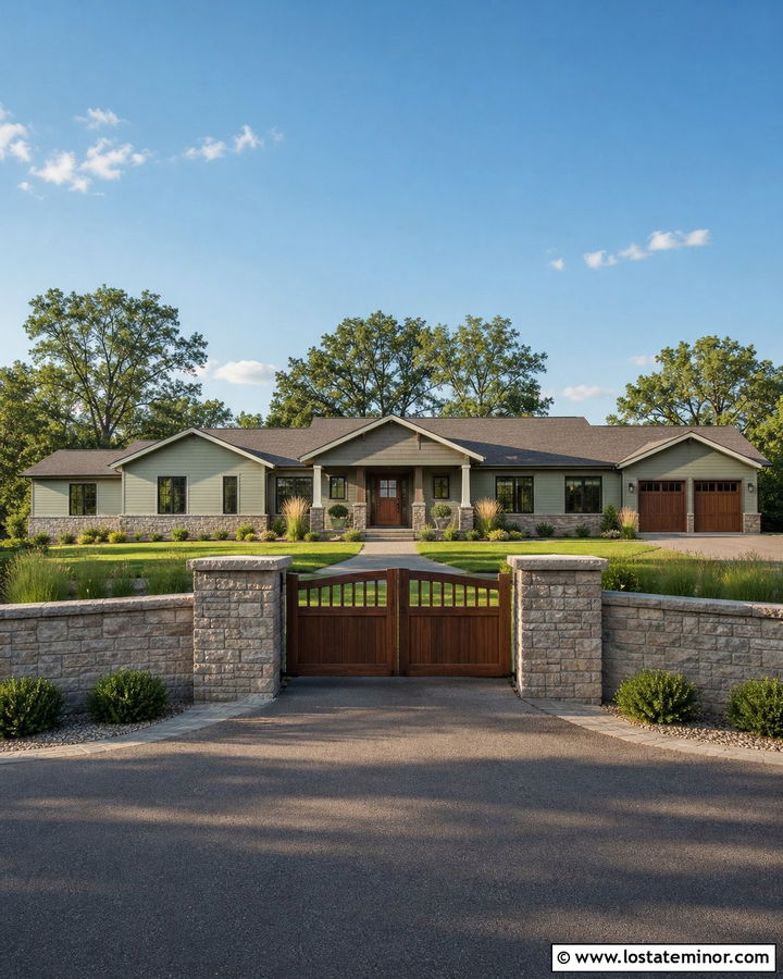 Sage Green Ranch With Low Stone Fence - 30 Sage Green House Design With Fence Ideas