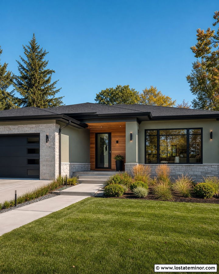Sage Green Ranch With Modern Cylinder Lights - 30 Sage Green House Design With Light Fixtures Ideas