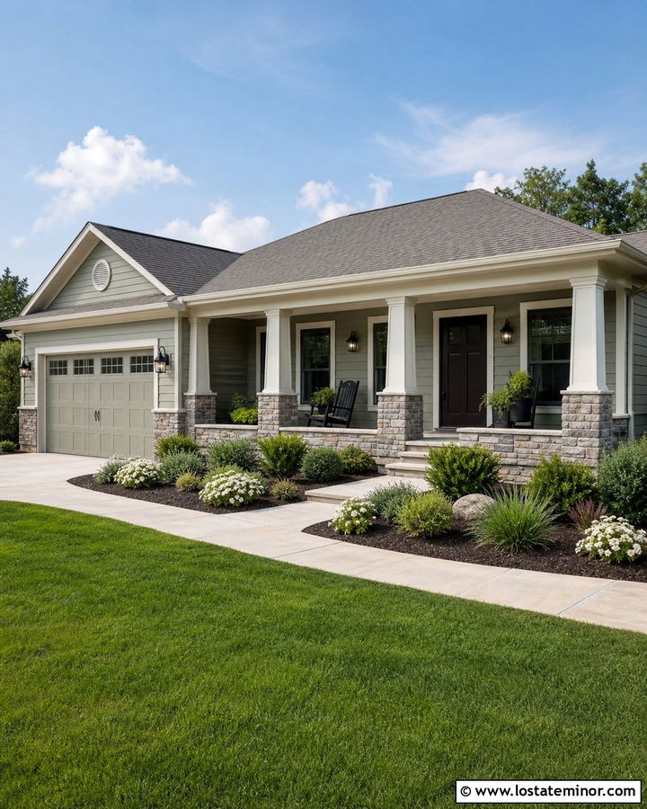 Sage Green Ranch With Stone Porch Columns - 30 Sage Green House Design With Porch Columns Ideas