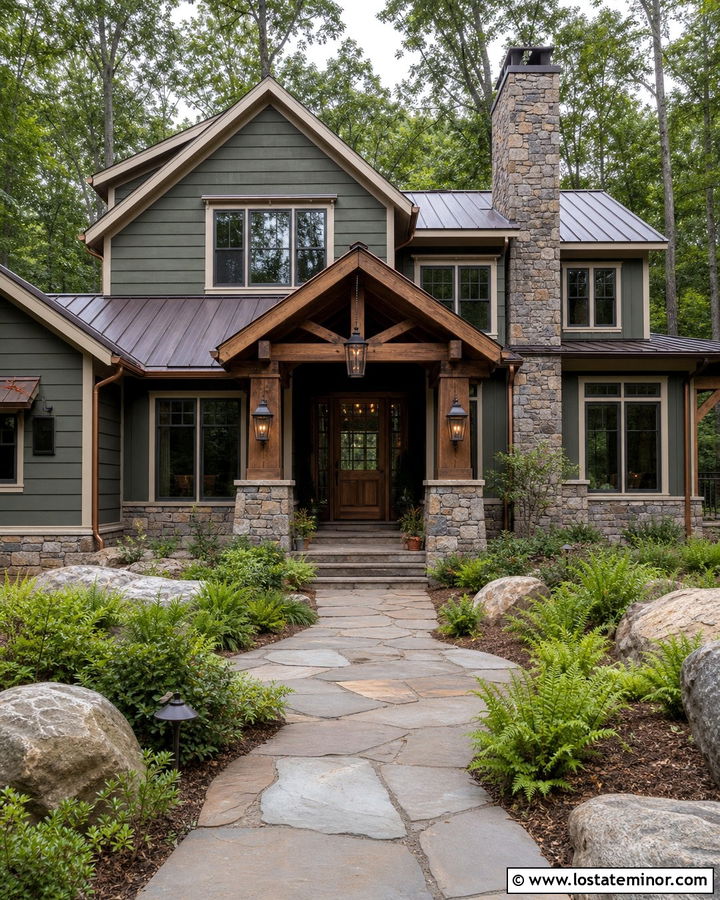 Sage Green Rustic House With Lodge Lanterns - 30 Sage Green House Design With Light Fixtures Ideas