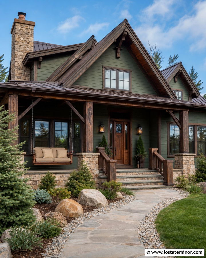 Sage Green Rustic House With Log Swing - 30 Sage Green House Design With Swing Ideas