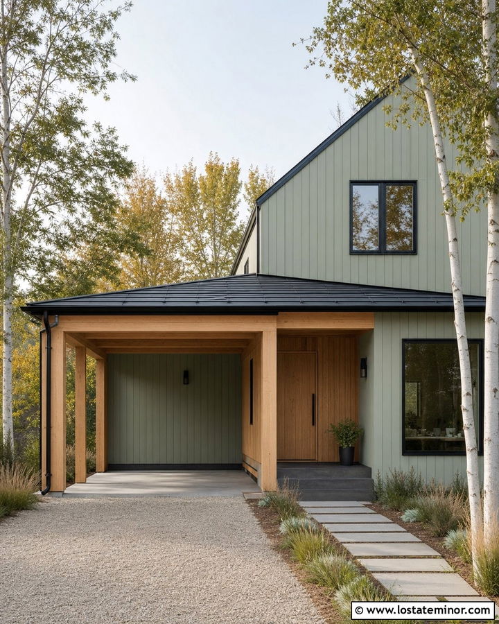 Sage Green Scandinavian House With Wood Carport - 30 Sage Green House Design With Carport Ideas