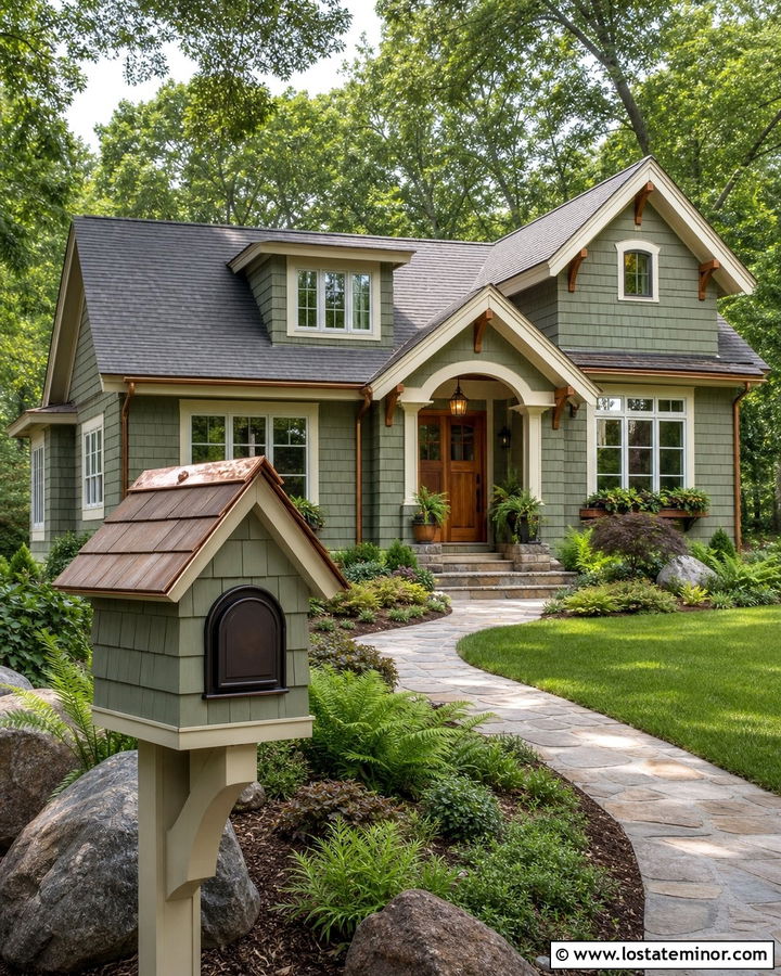 Sage Green Shingle House With Copper Roof Mailbox - 30 Sage Green House Design With Mailbox Ideas