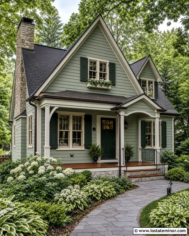 Sage Green Siding With A Deep Green Door - 30 Sage Green House Design With Siding Ideas
