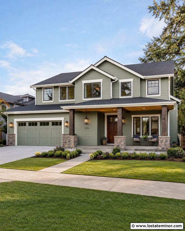 Sage Green Siding With A Matching Garage Door - 30 Sage Green House Design With Siding Ideas