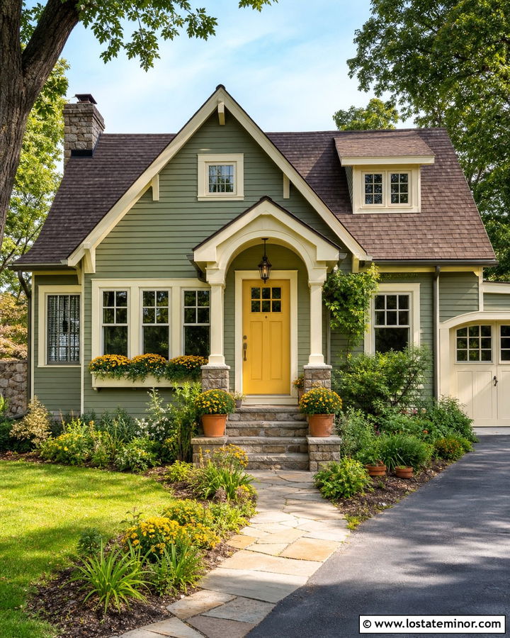 Sage Green Siding With A Yellow Front Door - 30 Sage Green House Design With Siding Ideas