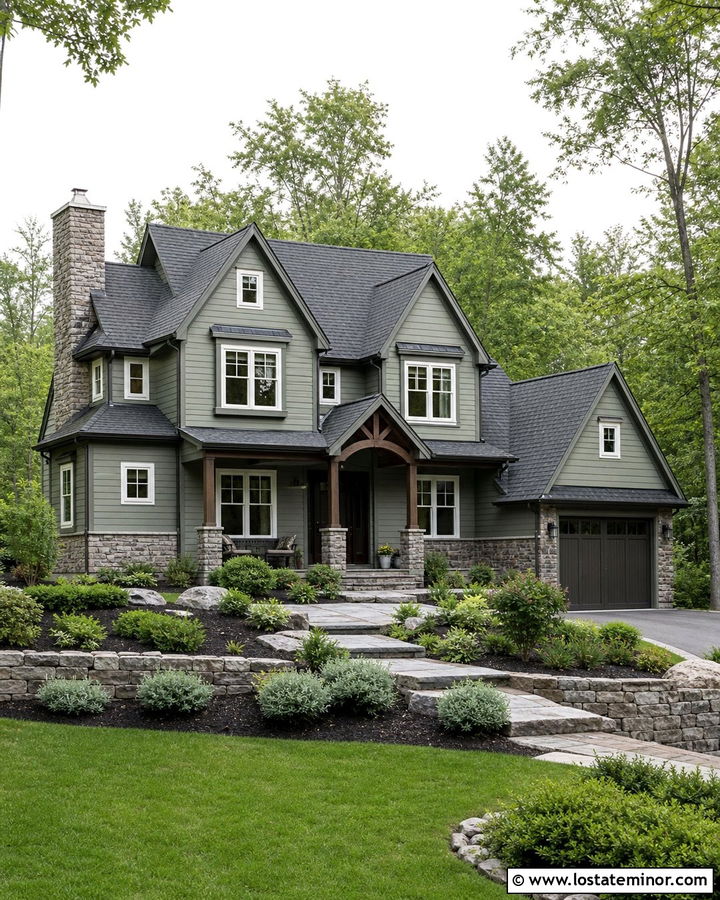 Sage Green Siding With Gray Stone - 30 Sage Green House Design With Siding Ideas