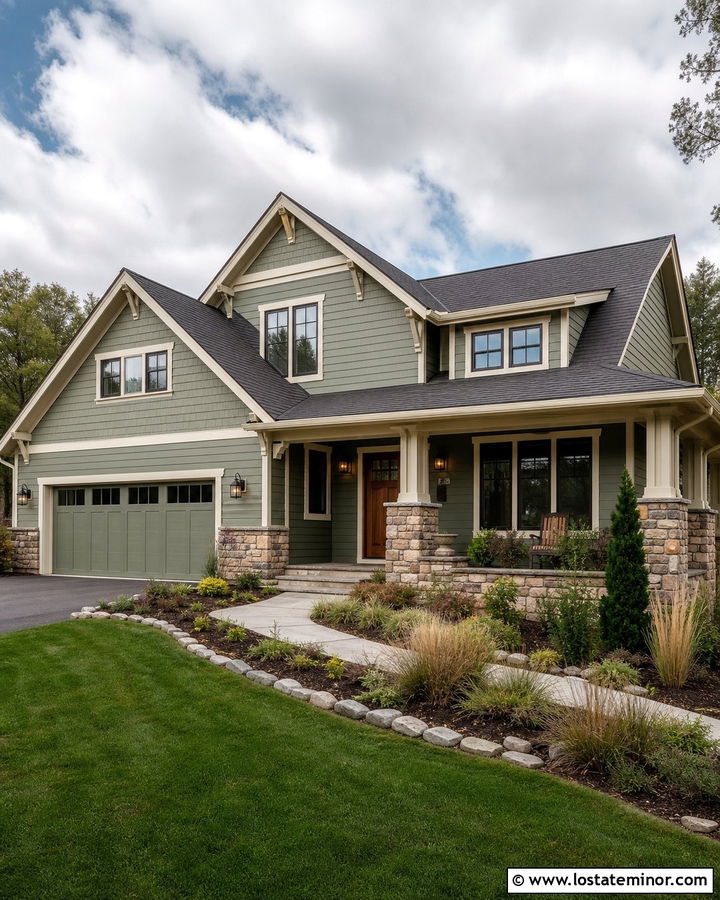 Sage Green Siding With Natural Stone - 30 Sage Green House Design With Siding Ideas