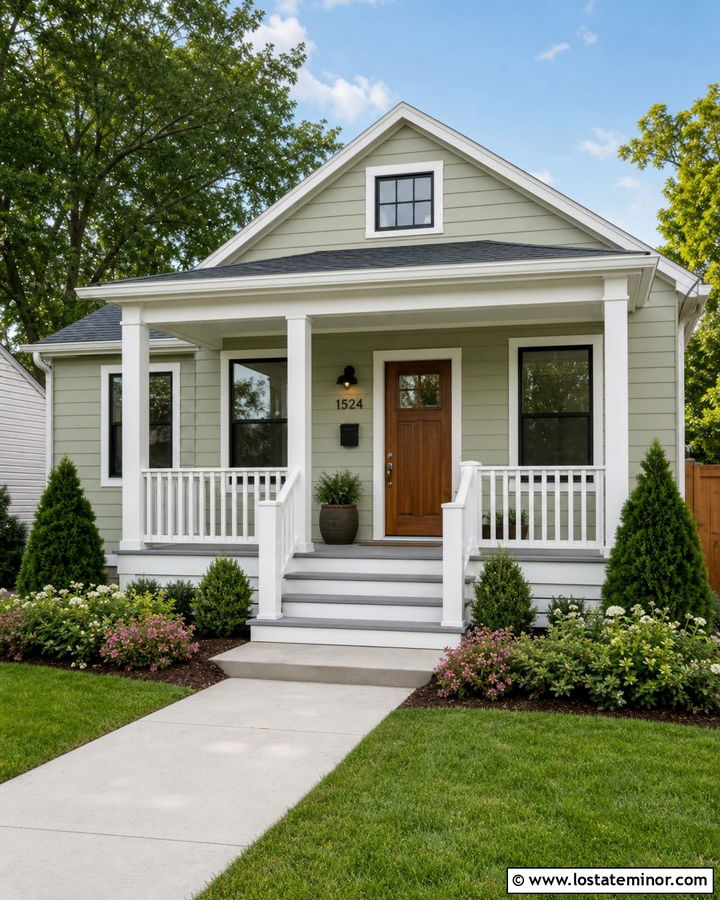 Sage Green Small House With Simple Front Porch - 30 Sage Green House Design With Front Porch Ideas