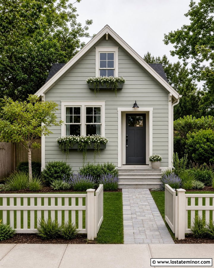 Sage Green Small House With Window Boxes - 30 Sage Green House Design With Front Yard Ideas