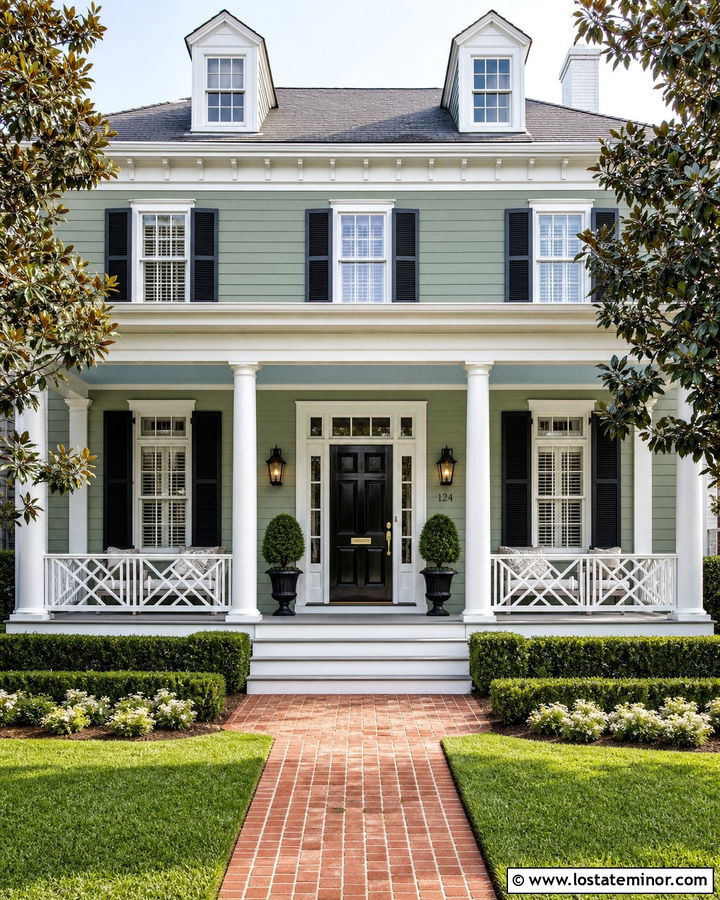 Sage Green Southern House With Chippendale Porch Railings - 30 Sage Green House Design With Front Porch Ideas