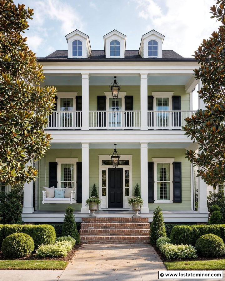 Sage Green Southern House With Double Porch Daybed - 30 Sage Green House Design With Daybed Ideas