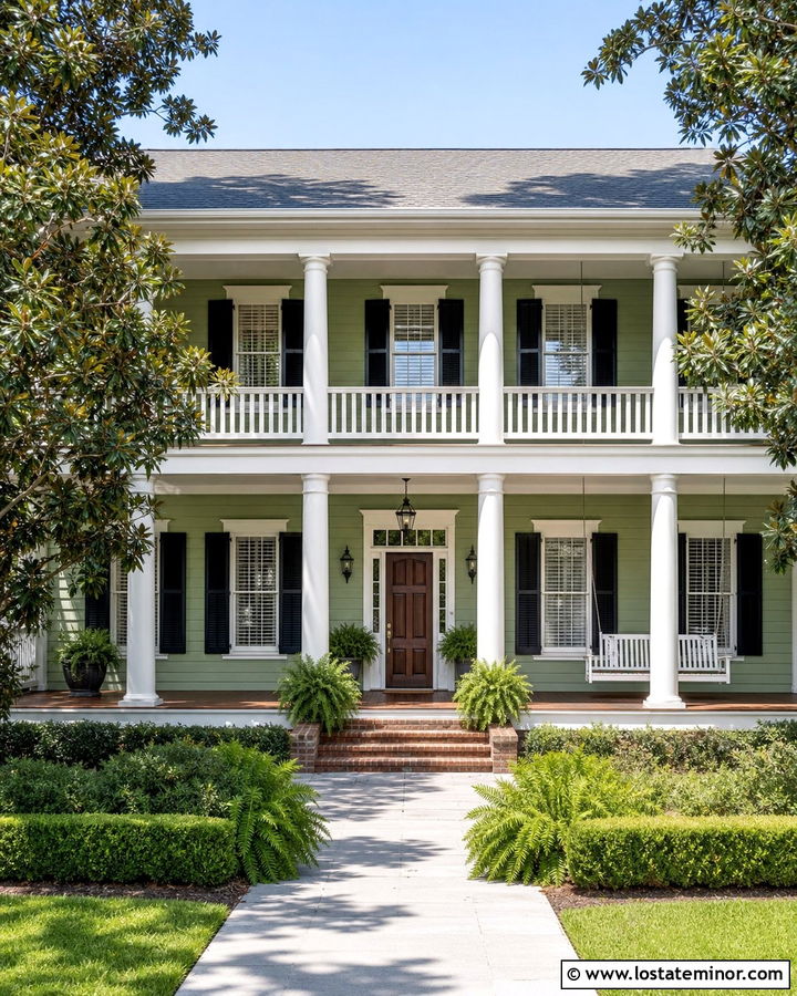 Sage Green Southern House With Veranda Swing - 30 Sage Green House Design With Swing Ideas