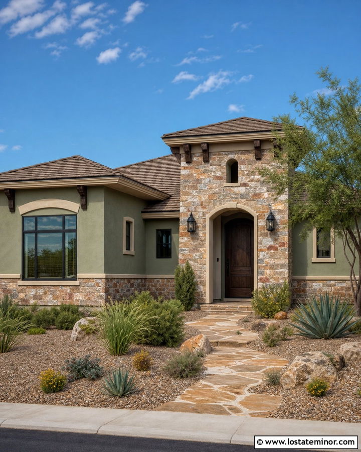 Sage Green Southwest House With Desert Stone - 30 Sage Green House Design With Stone Accents Ideas