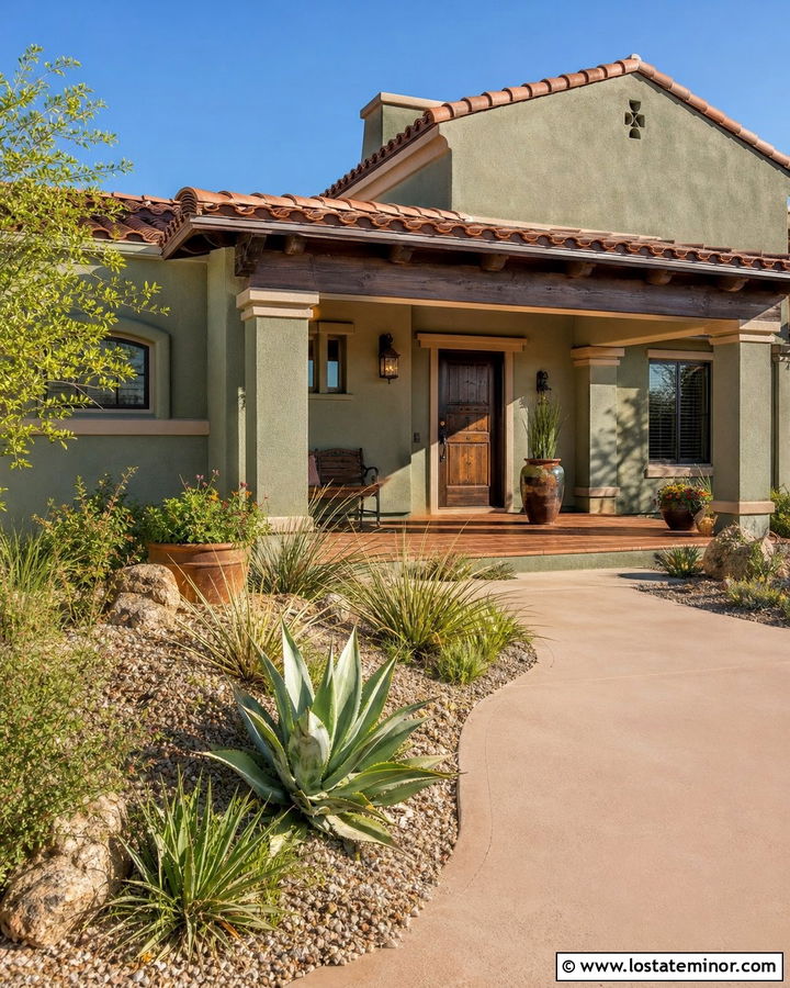 Sage Green Southwest House With Terracotta Front Porch - 30 Sage Green House Design With Front Porch Ideas