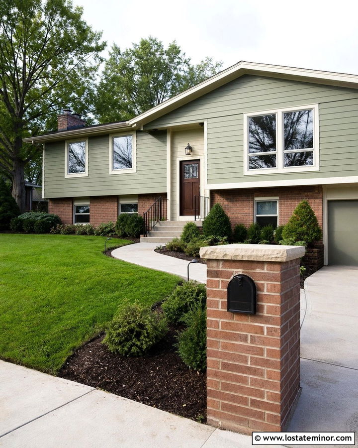 Sage Green Split Level House With Brick Mailbox - 30 Sage Green House Design With Mailbox Ideas