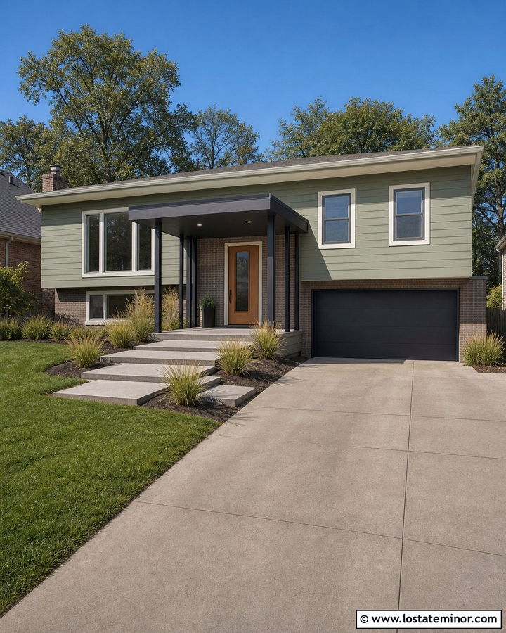 Sage Green Split Level House With Flat Portico - 30 Sage Green House Design With Portico Ideas