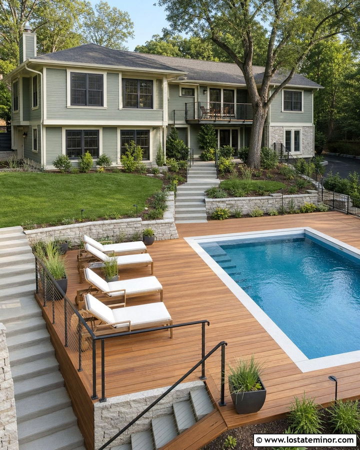 Sage Green Split Level House With Raised Pool Deck - 30 Sage Green House Design With Swimming Pool Ideas