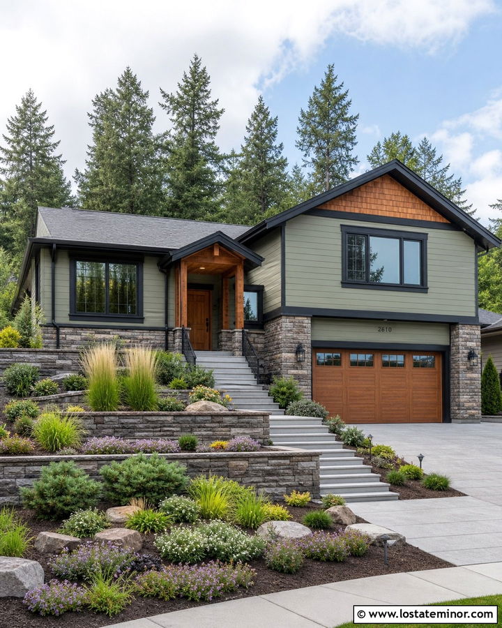 Sage Green Split Level House With Retaining Walls - 30 Sage Green House Design With Landscaping Ideas
