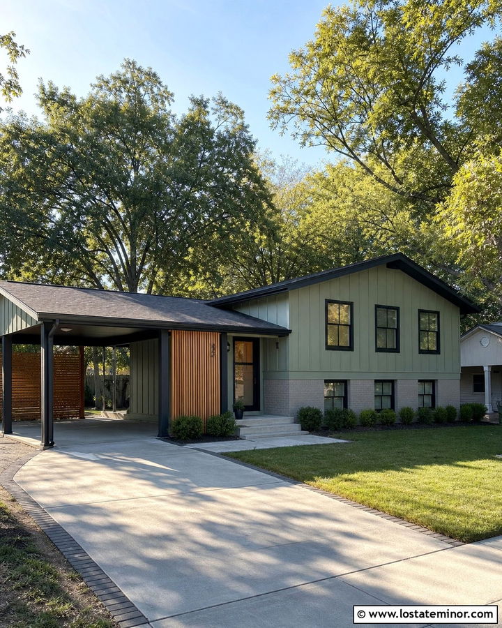 Sage Green Split Level House With Side Carport - 30 Sage Green House Design With Carport Ideas