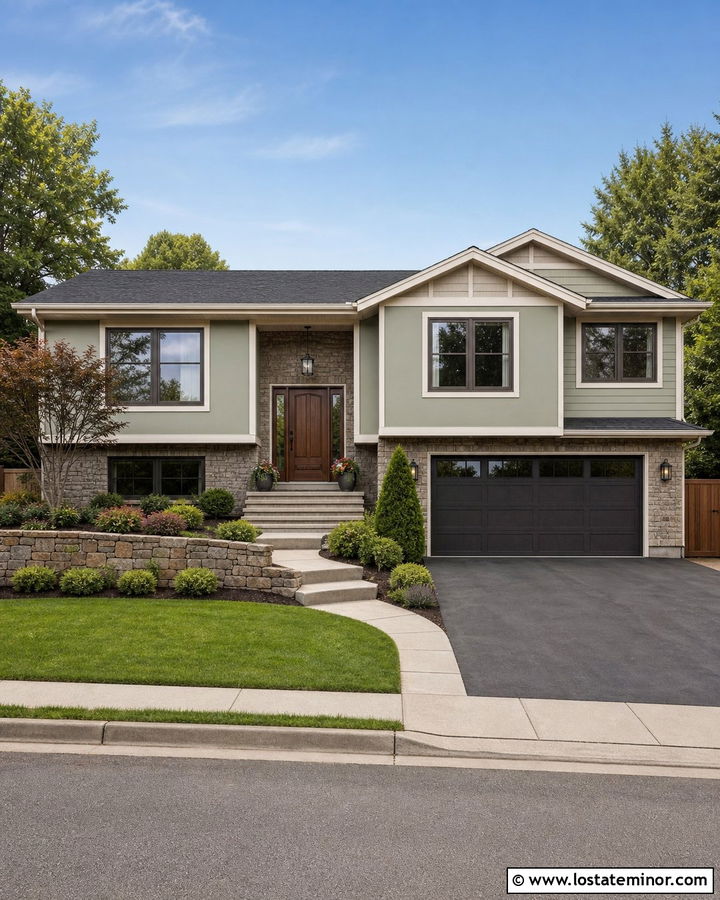 Sage Green Split Level House With Stone Entry - 30 Sage Green House Design With Stone Accents Ideas