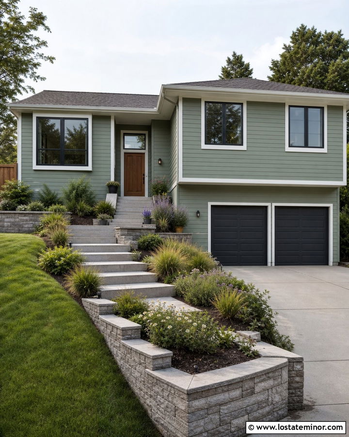 Sage Green Split Level House With Terraced Yard - 30 Sage Green House Design With Front Yard Ideas